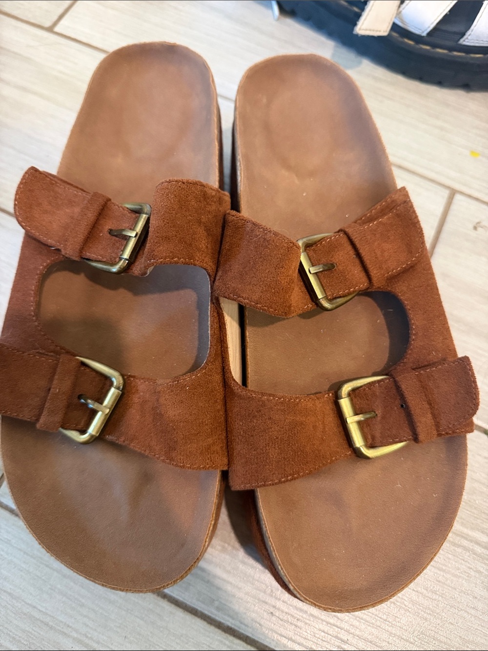 Tan Suede Double-Buckle cork Slide platform Sandal - Picture 5 of 9